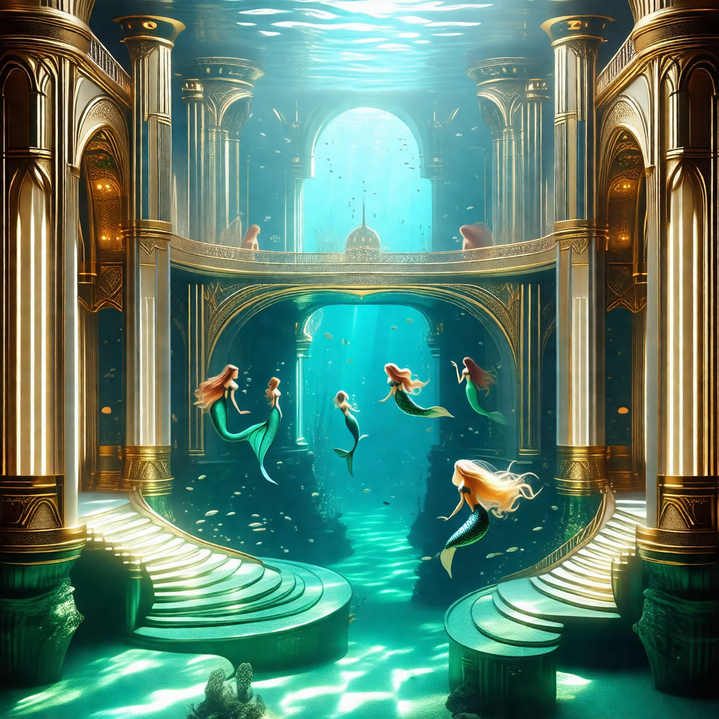 Beautiful underwater scene with a group of mermaids swimm...