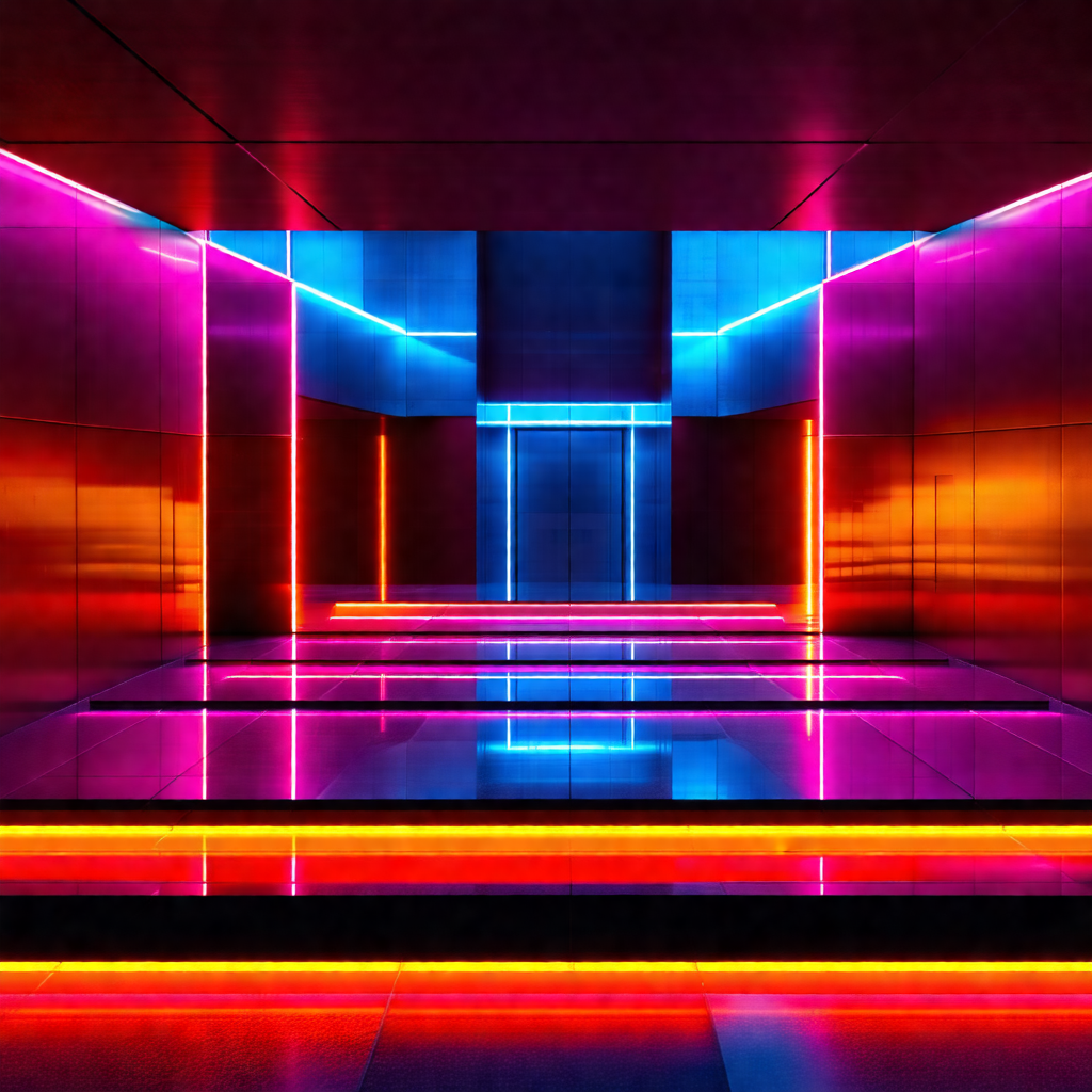 Long, narrow hallway with a blue and pink lighting system
