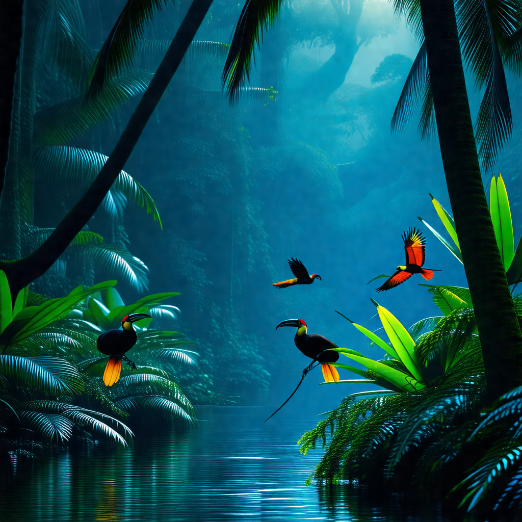Serene scene of a tropical forest at night