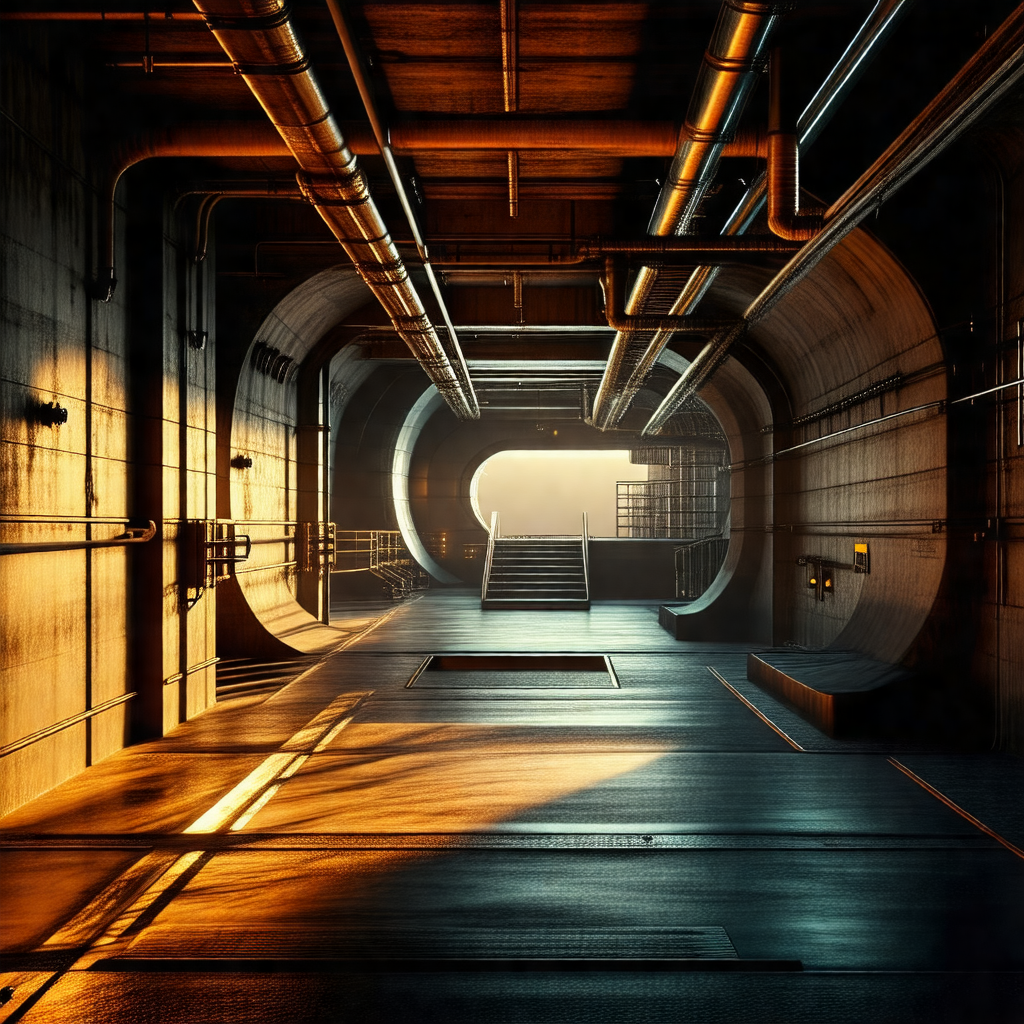 Large, dark tunnel with a staircase leading to the top