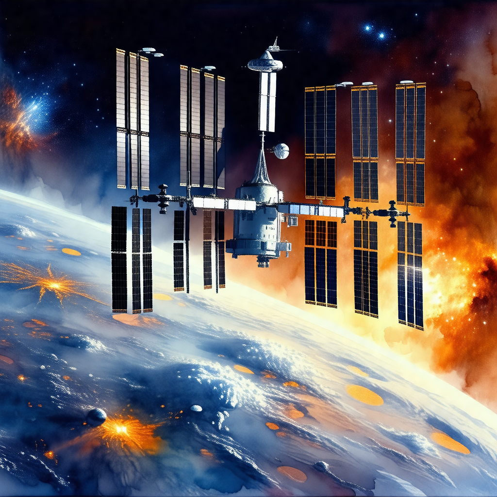 Space station with a large dome structure, surrounded by ...
