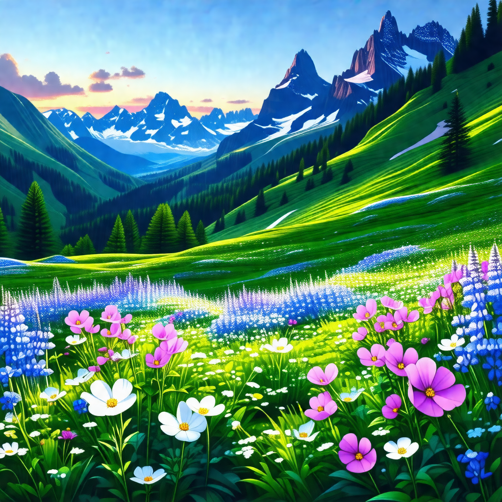 Beautiful mountain landscape with a lush green field and ...