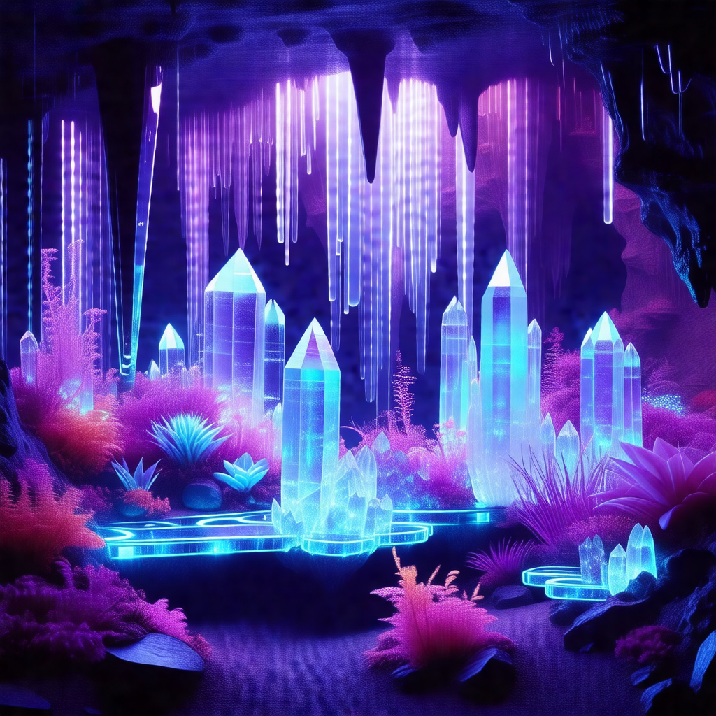 Purple cave with a blue light illuminating the space
