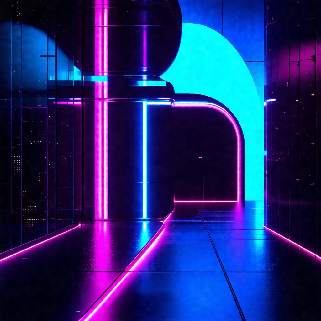 Black and white photo of a hallway with a blue and pink n...