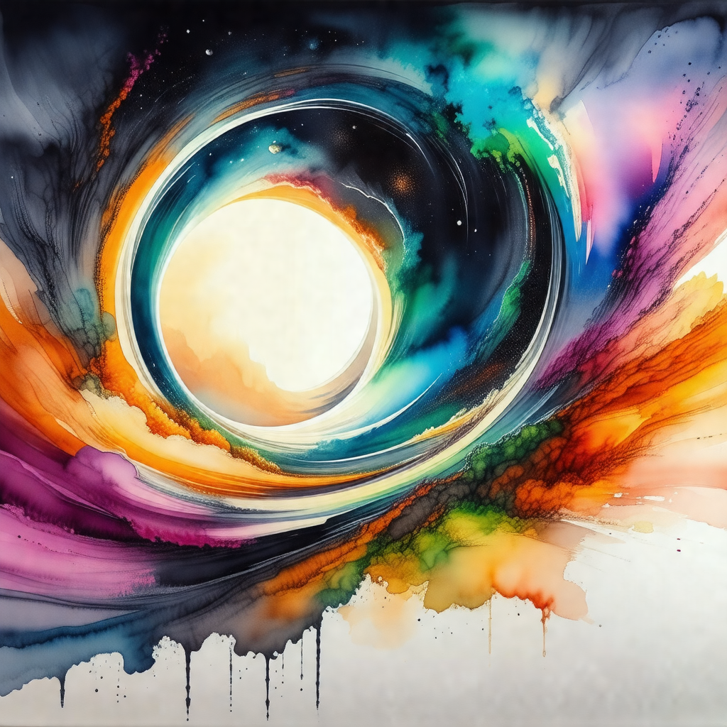 Painting of a sunset, featuring a large, colorful circle ...