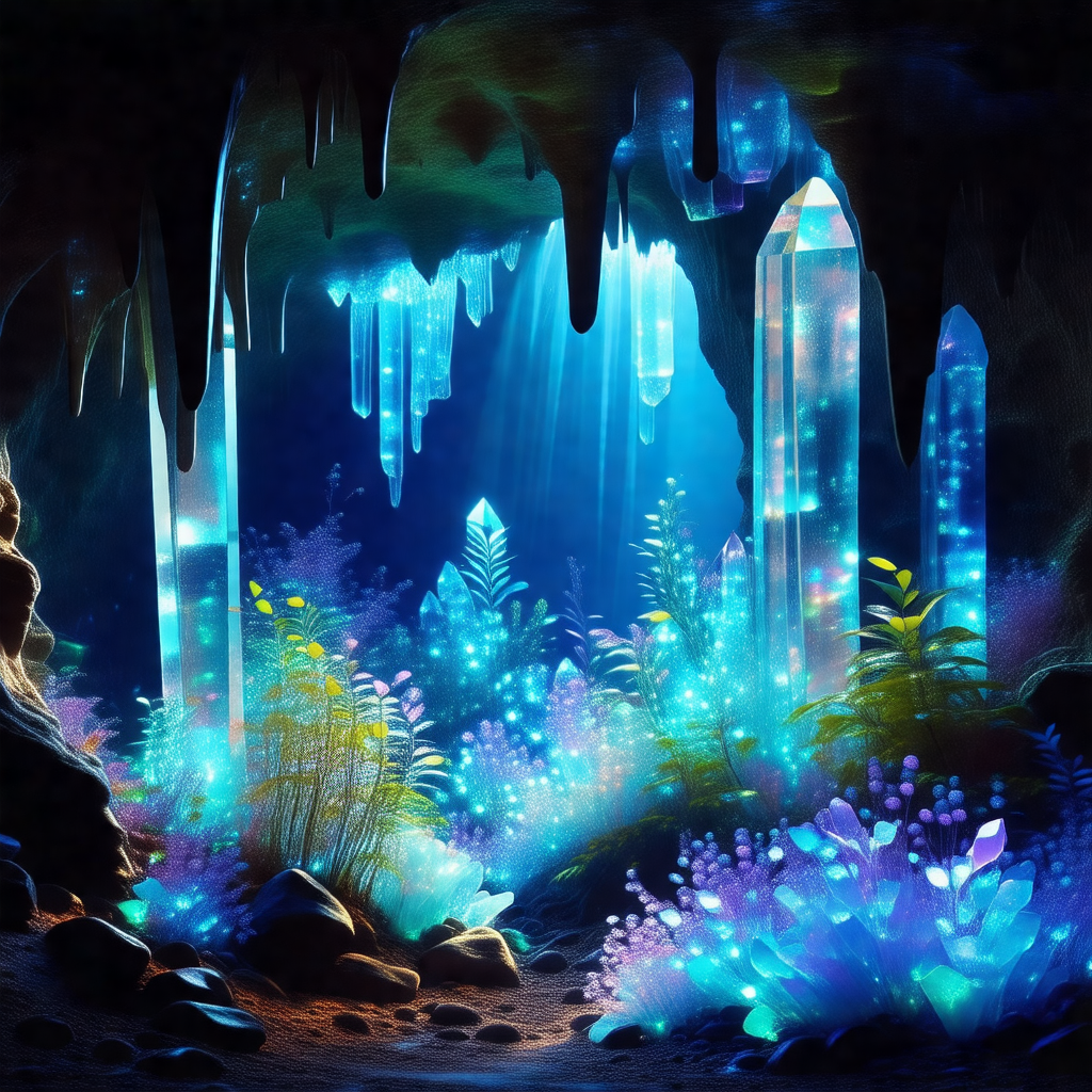 Colorful, computer-generated scene of a cave with a blue ...
