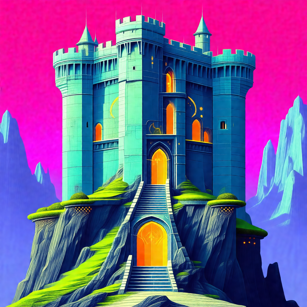 Large, blue castle with a tall tower and a moat