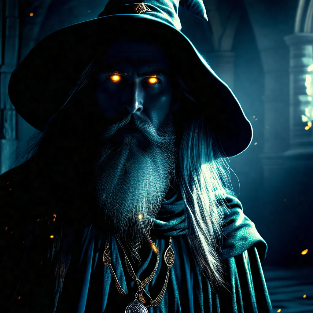 Wizard with a long beard and a pointy hat, standing in a ...