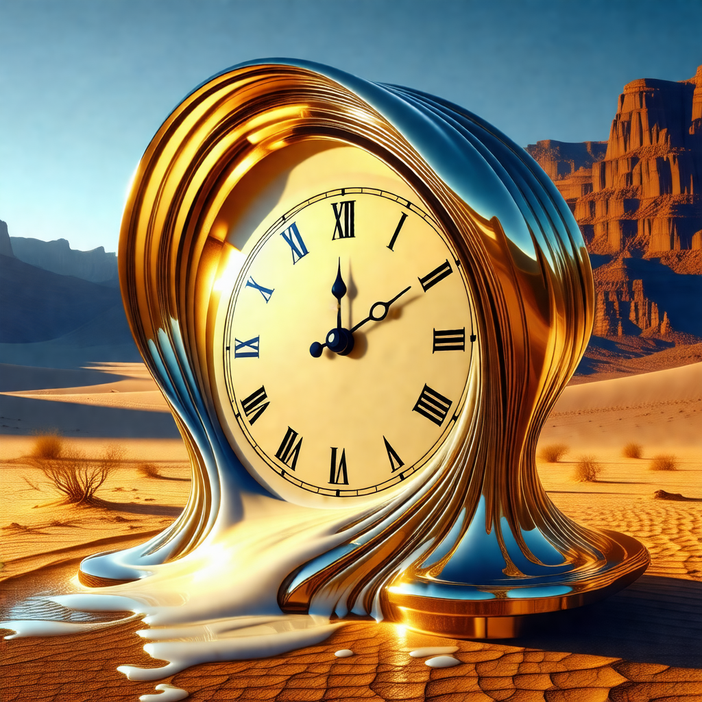 Large, gold clock with a white face, sitting on a sandy s...