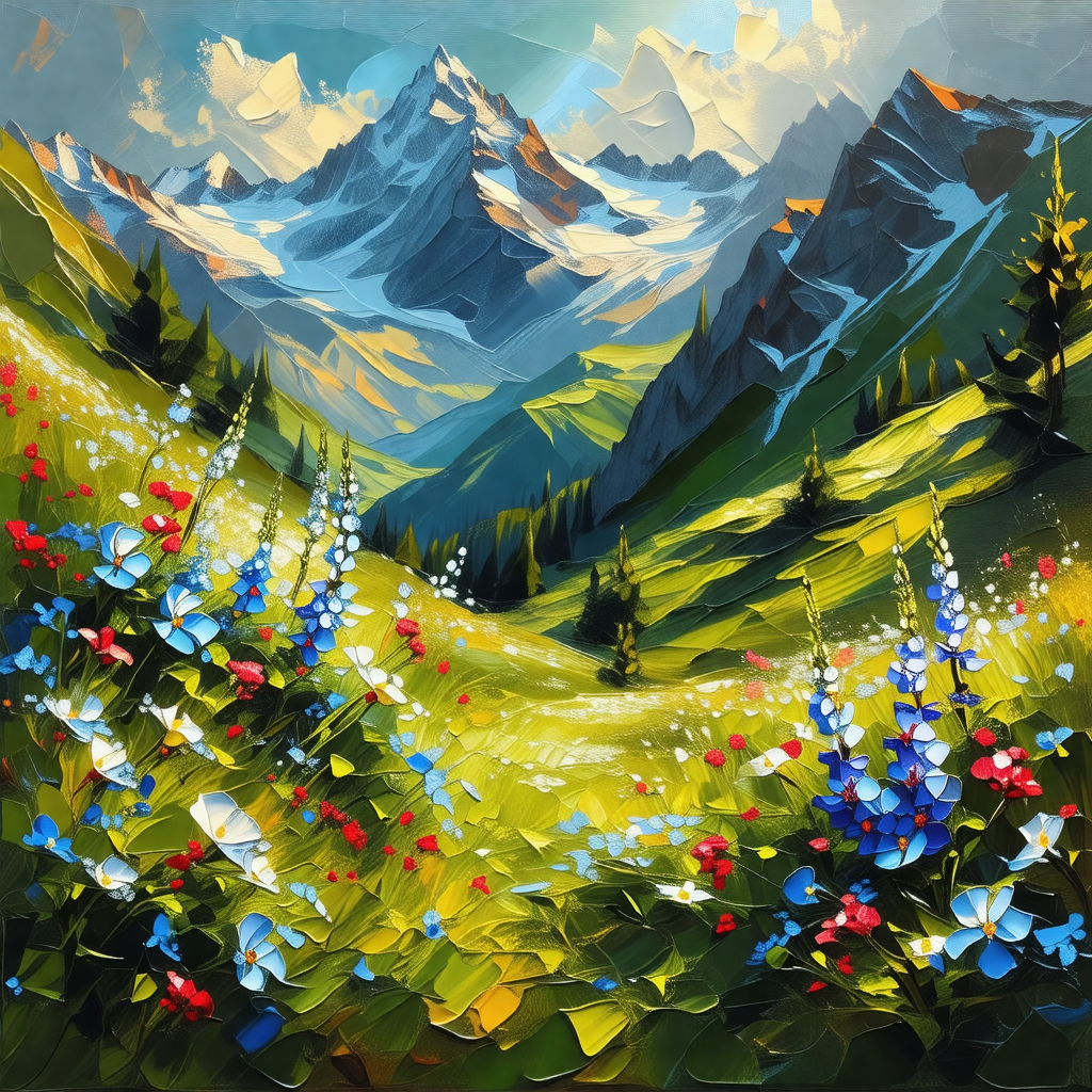 Beautiful mountain landscape with a lush green field and ...
