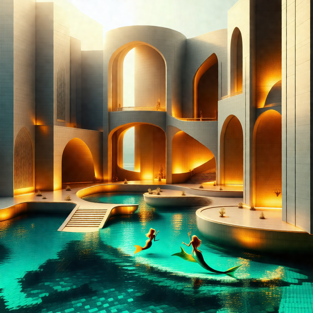 Large, modern building with a large pool in the center