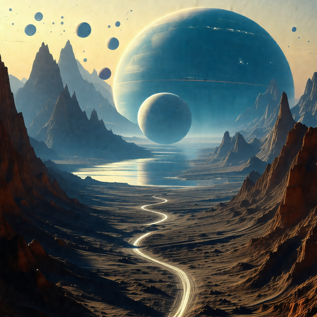 Futuristic scene with a large, blue, and white planet in ...