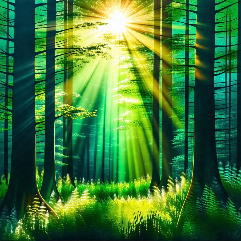 Lush green forest filled with tall trees and a bright sun...
