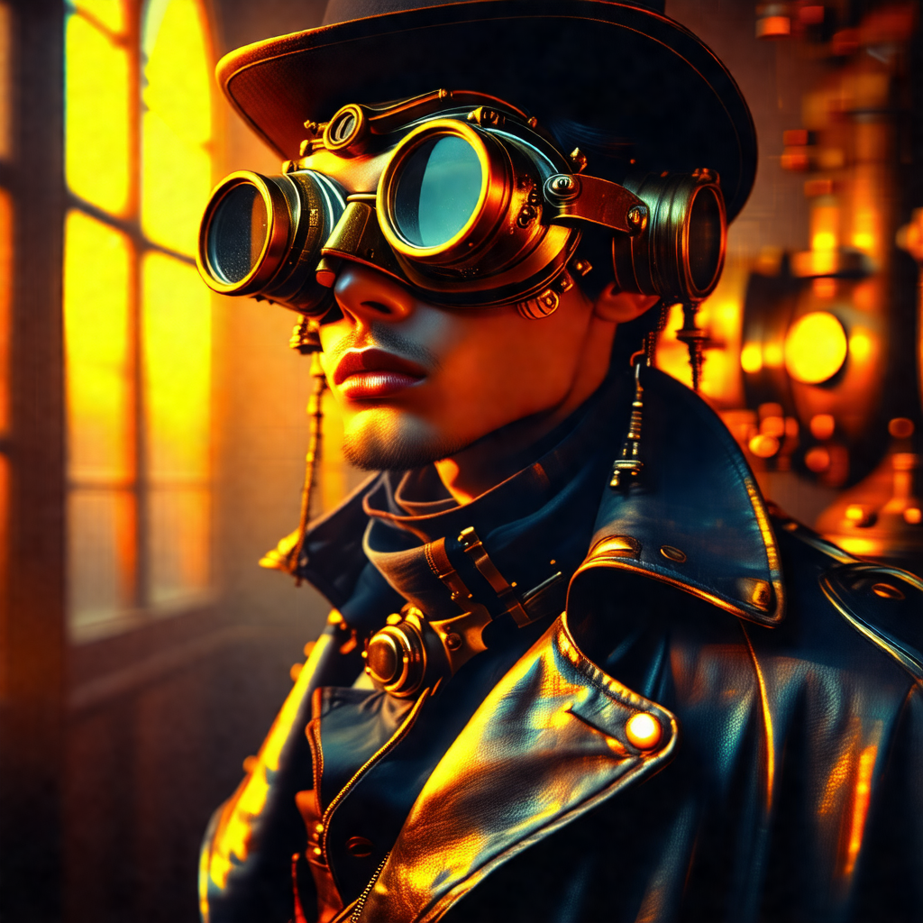 Man wearing a leather jacket and a hat, with goggles on h...
