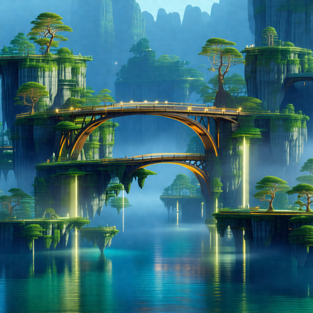 Digital painting of a beautiful island with a bridge conn...