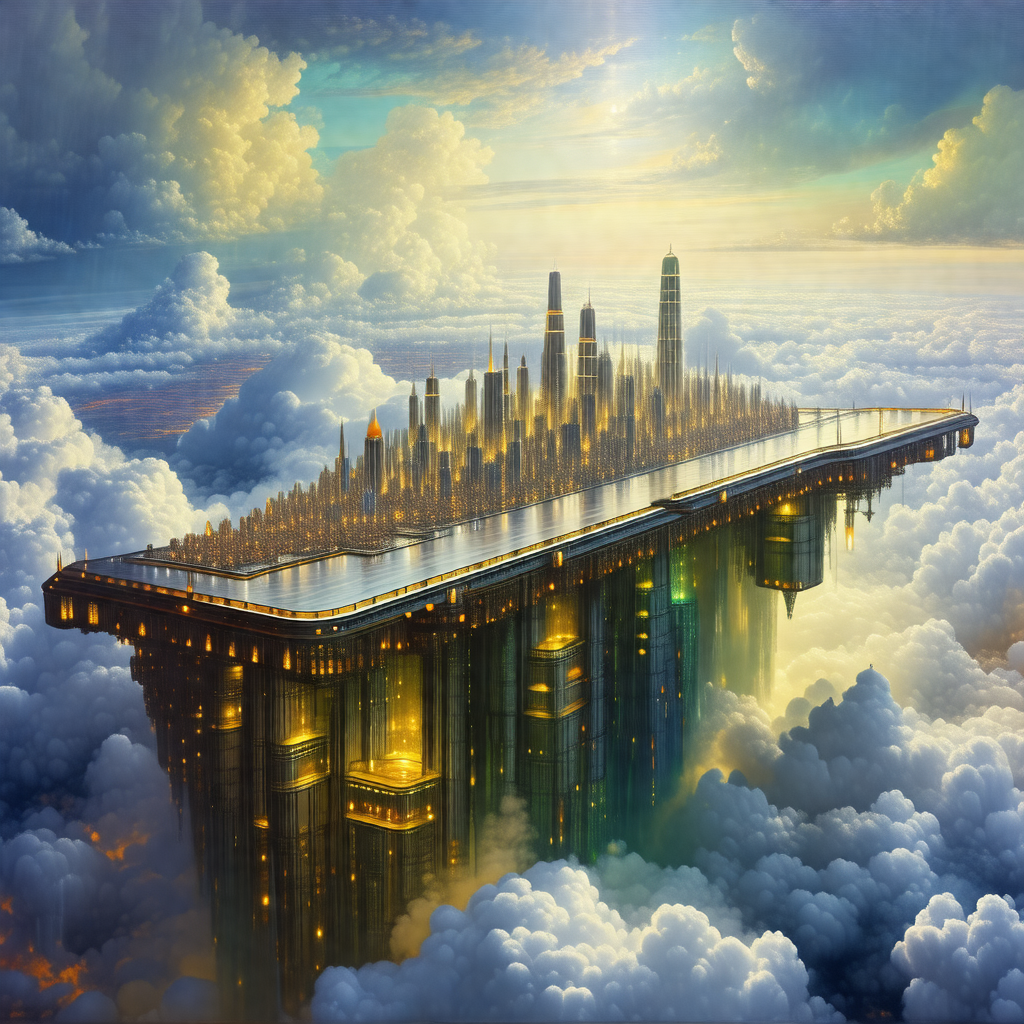 Painting of a futuristic city floating in the clouds