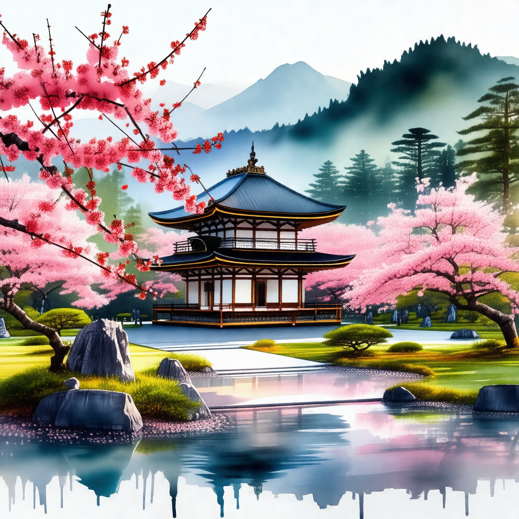 Beautiful japanese garden with a large pagoda in the center