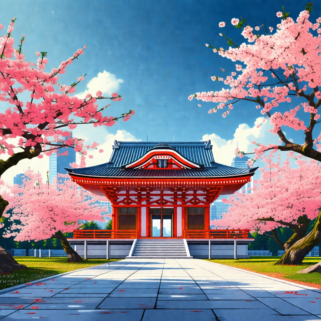 Colorful painting of a japanese temple with a red roof