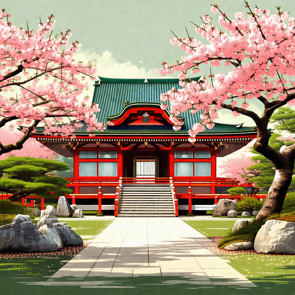 Colorful painting of a traditional japanese house with a ...