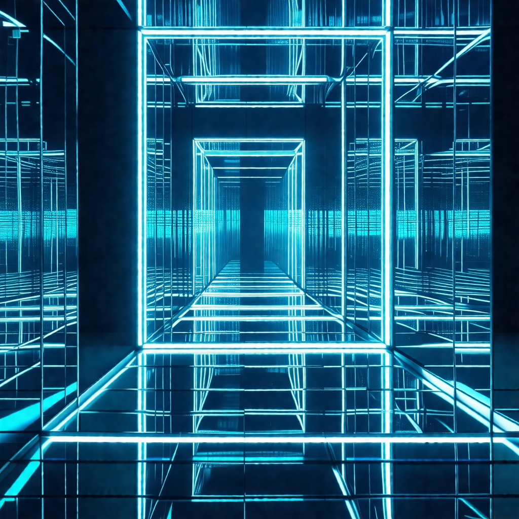 Blue and white photo of a hallway with a blue lighting ef...