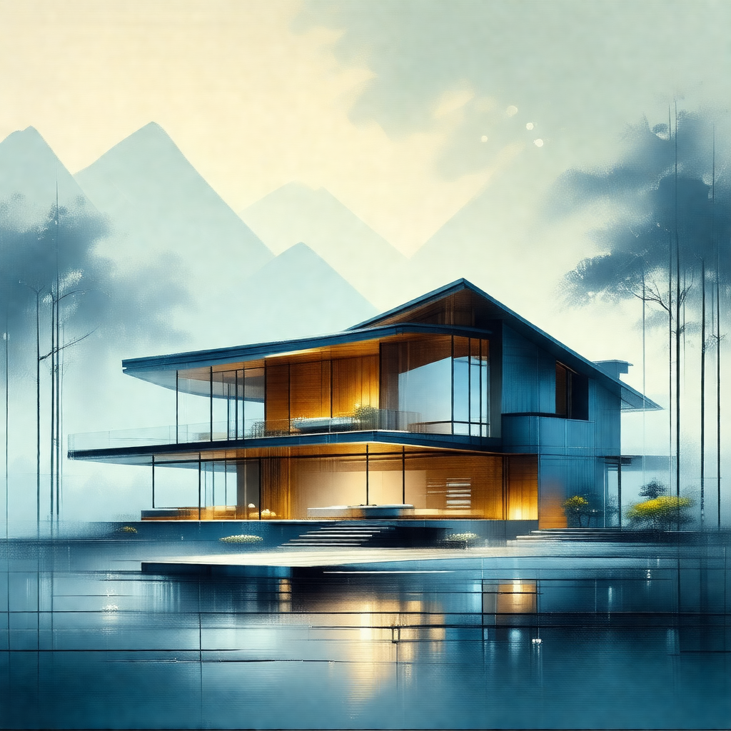 Large, modern house situated on a lake