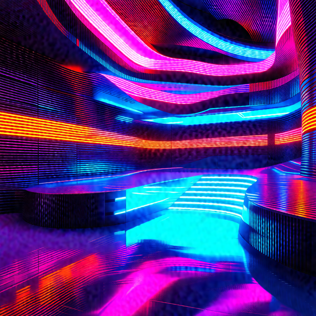 Futuristic, colorful, and abstract scene featuring a long...