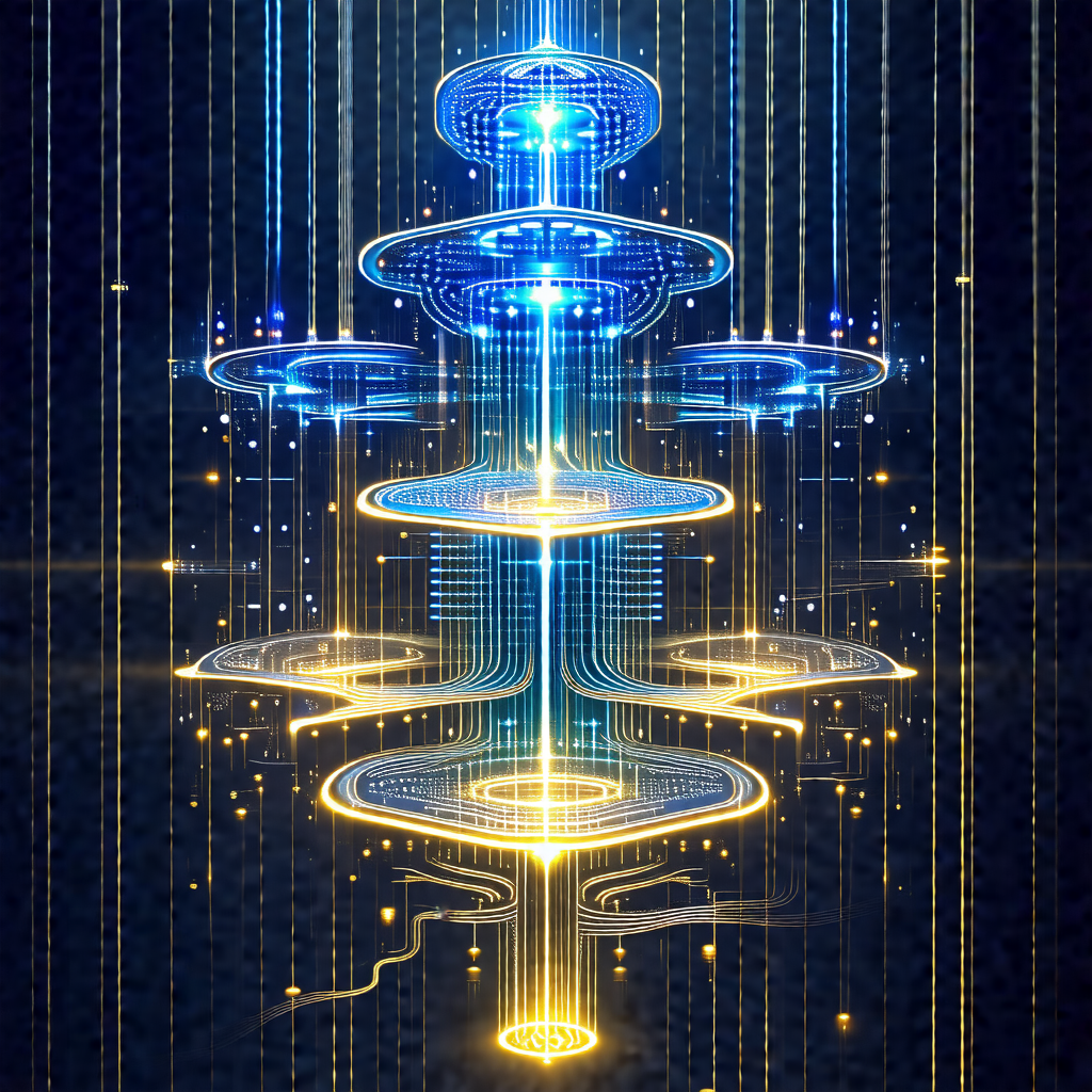 Futuristic, blue and yellow light sculpture that resemble...