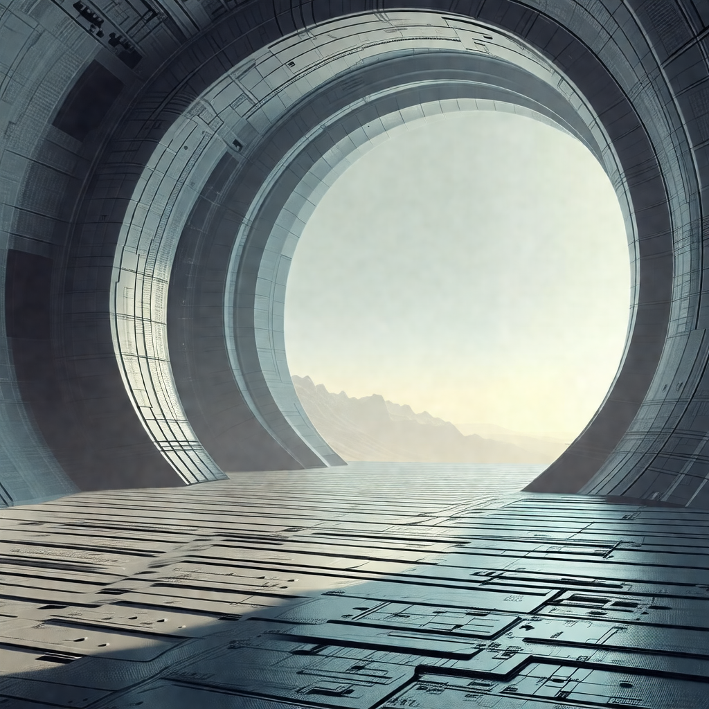 Futuristic scene with a large, open doorway leading to a ...