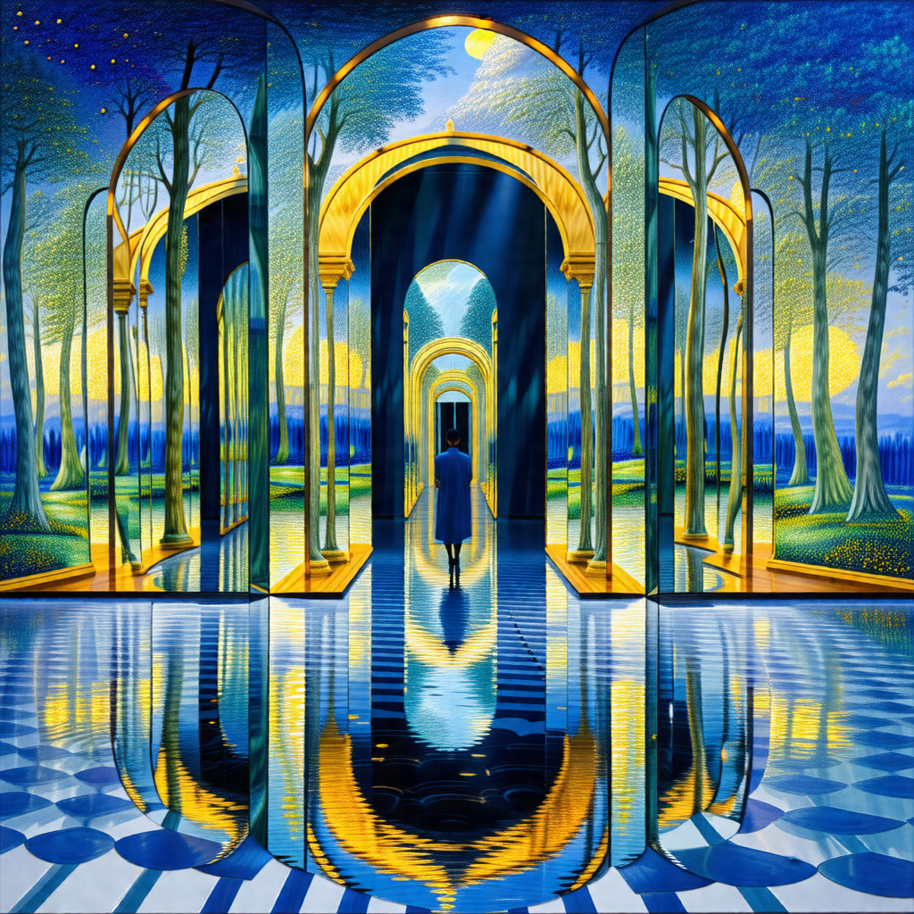 Painting of a woman walking through a beautifully designe...
