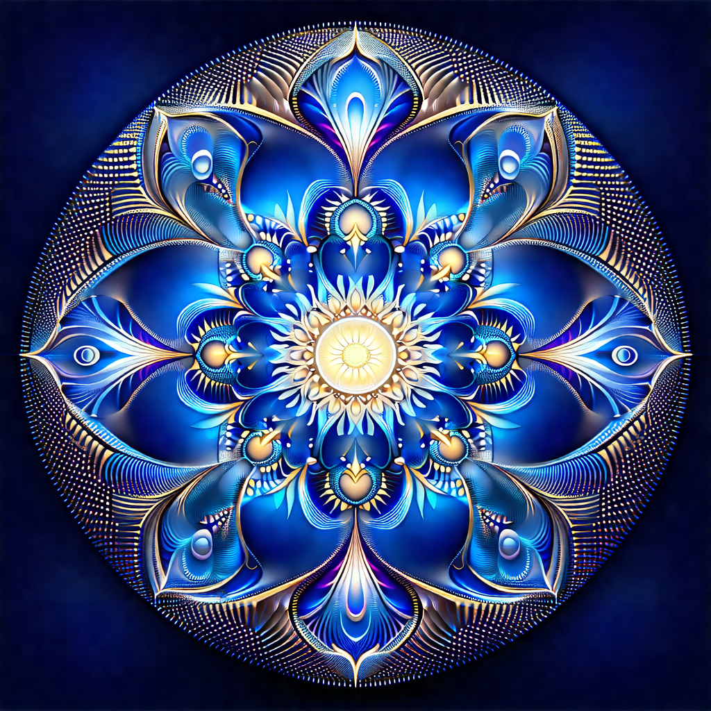 Large, intricate blue and gold design, possibly a mandala...