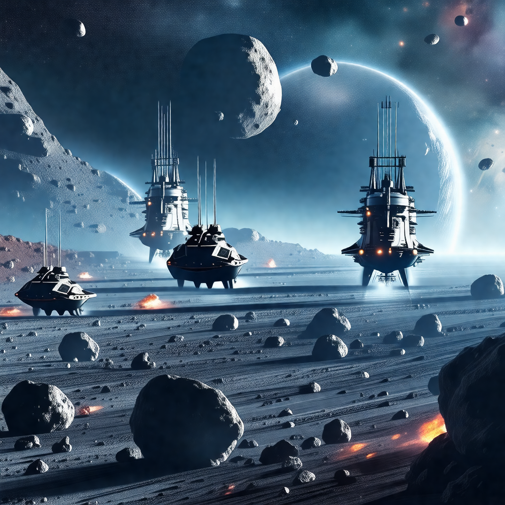 Futuristic scene with a group of small spaceships flying ...