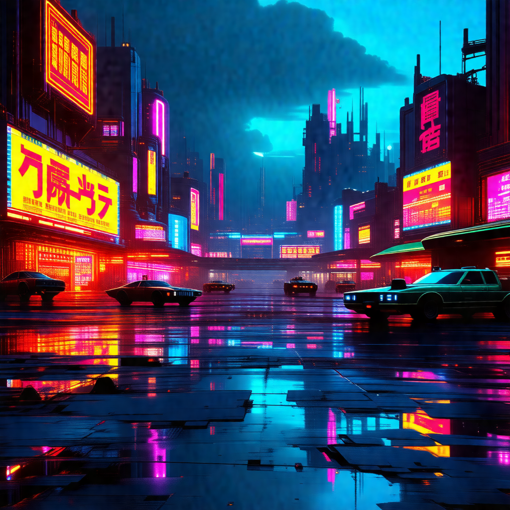 Futuristic city street at night, with a variety of vehicl...