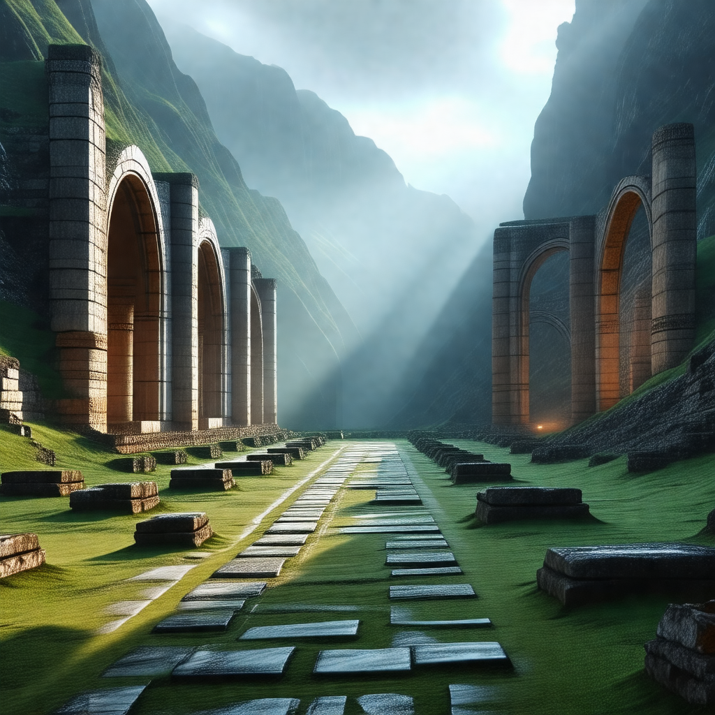 Digital painting of a mountainous landscape with a long, ...