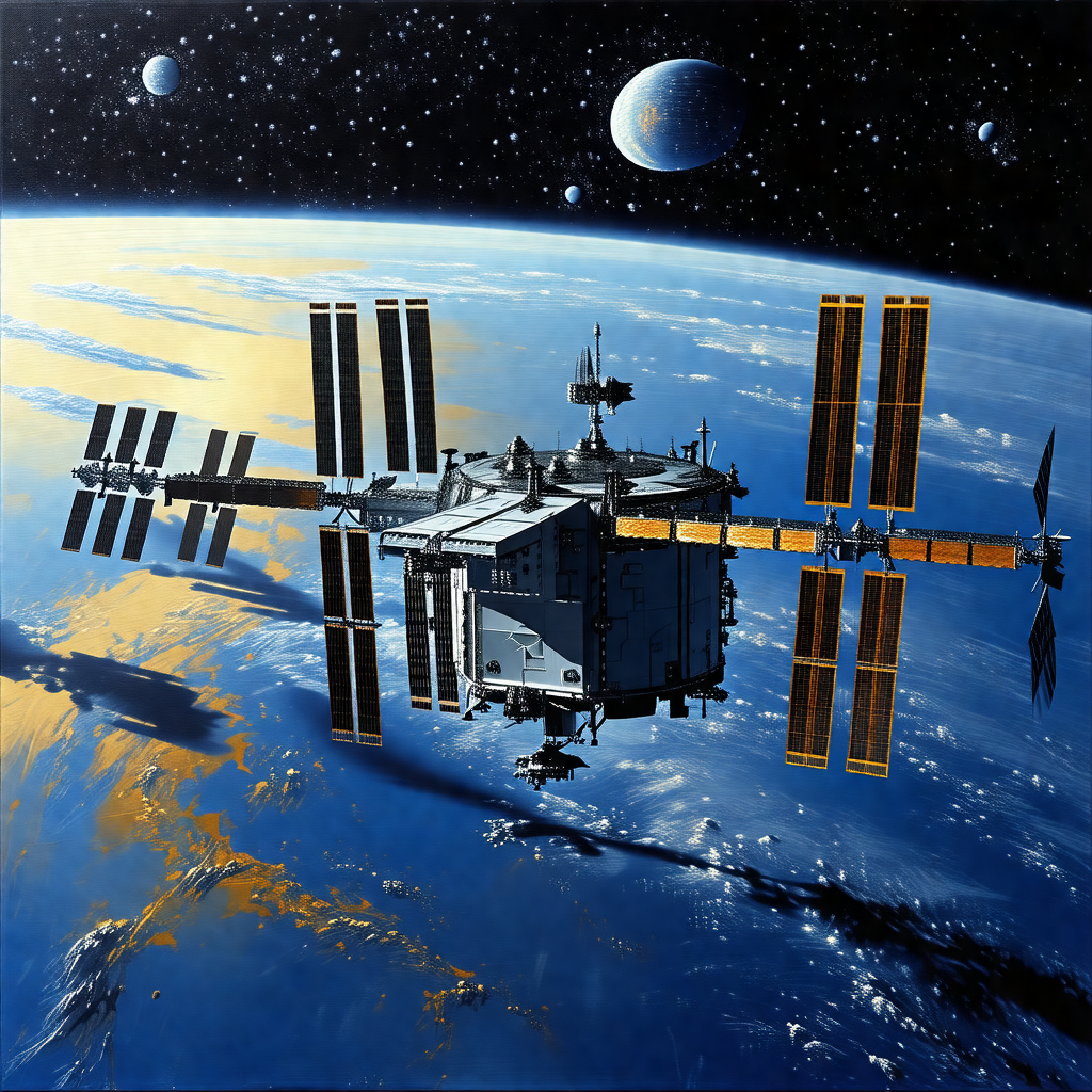 Space shuttle with a large satellite on top of it, flying...