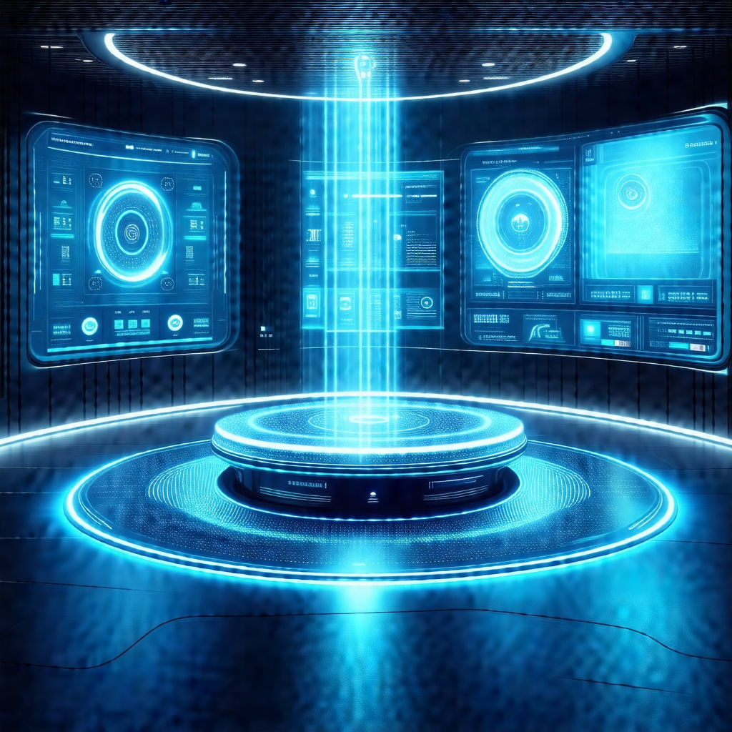 Futuristic room with a large, blue, circular object in th...