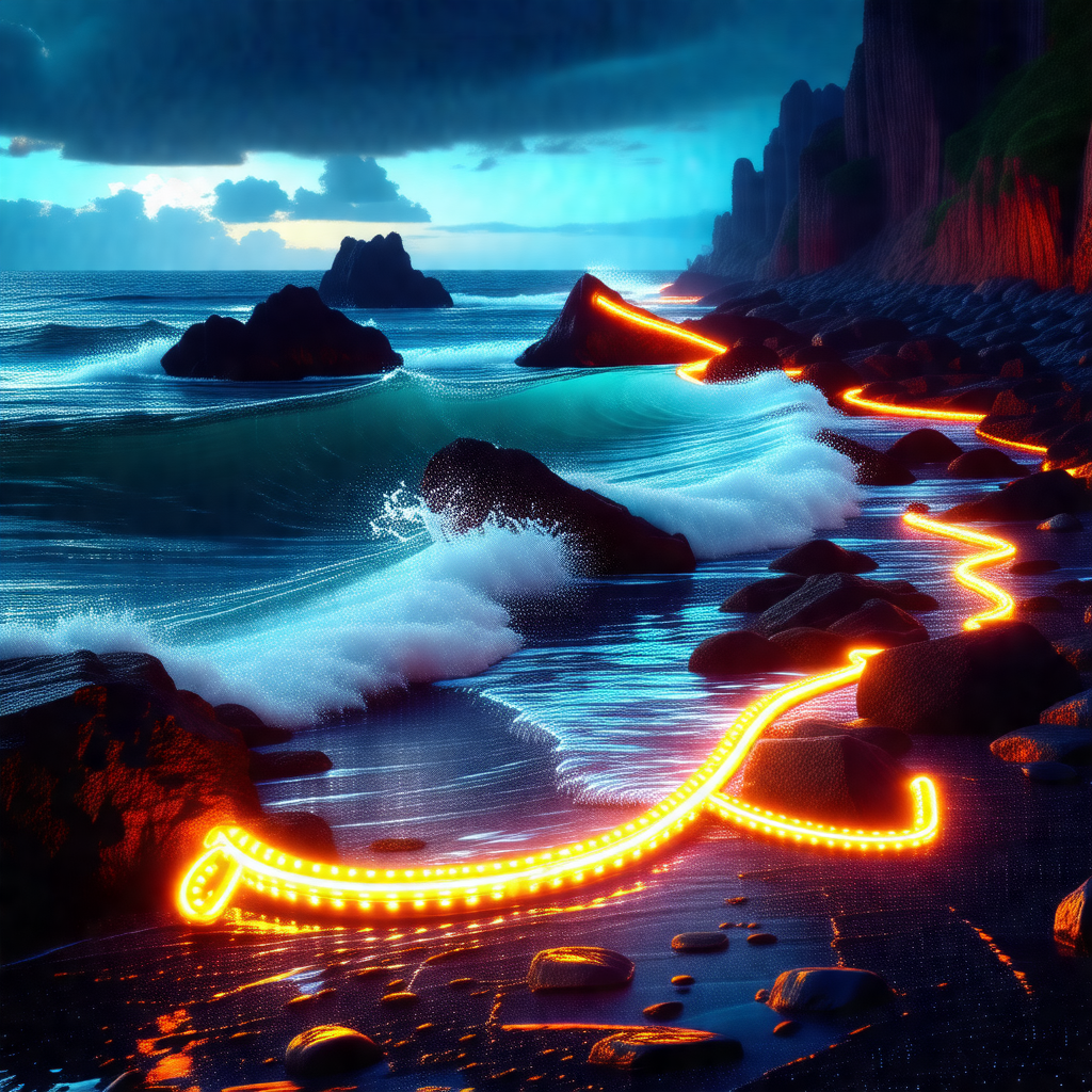 Beautiful beach scene at night, with a rocky shoreline an...