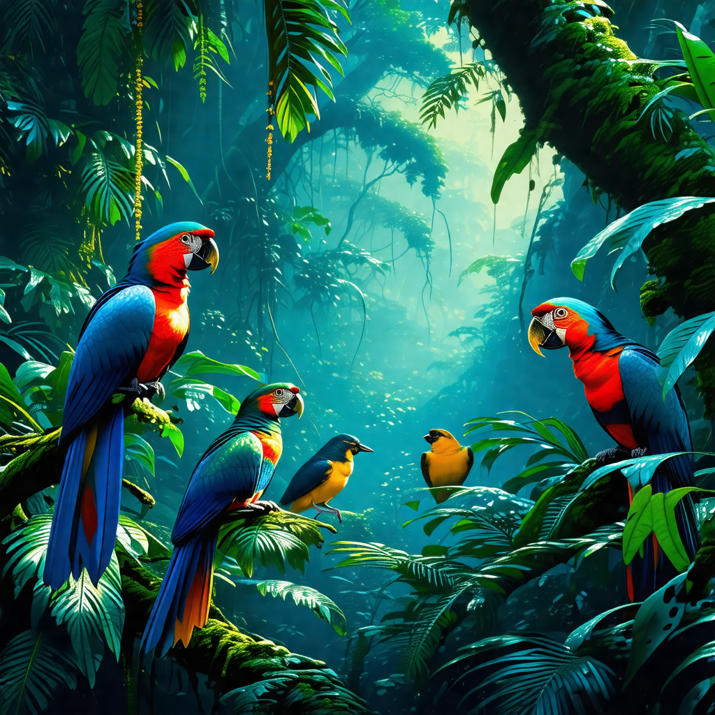 Group of colorful birds perched on tree branches in a lus...