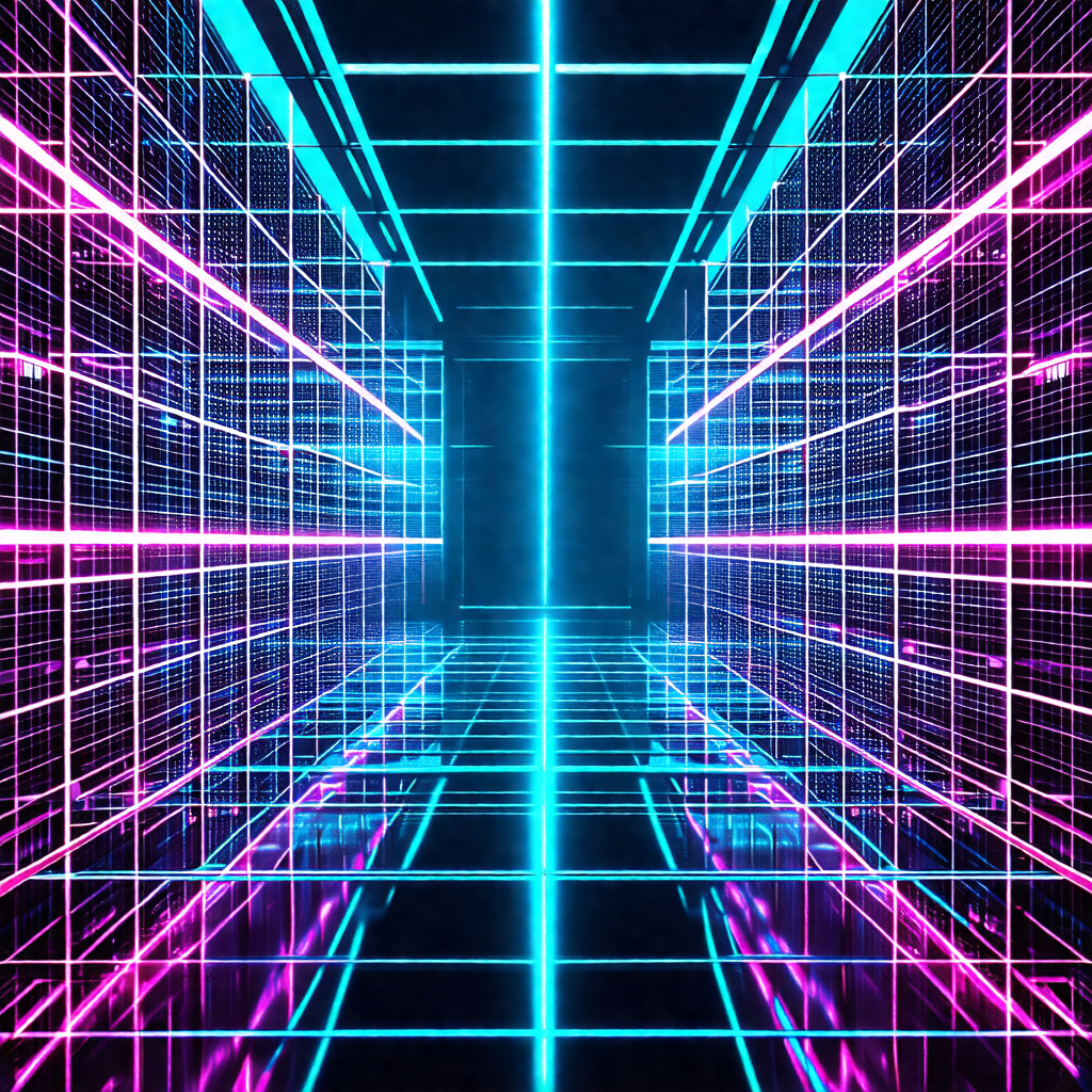 Black and white photo of a hallway with a blue and pink l...