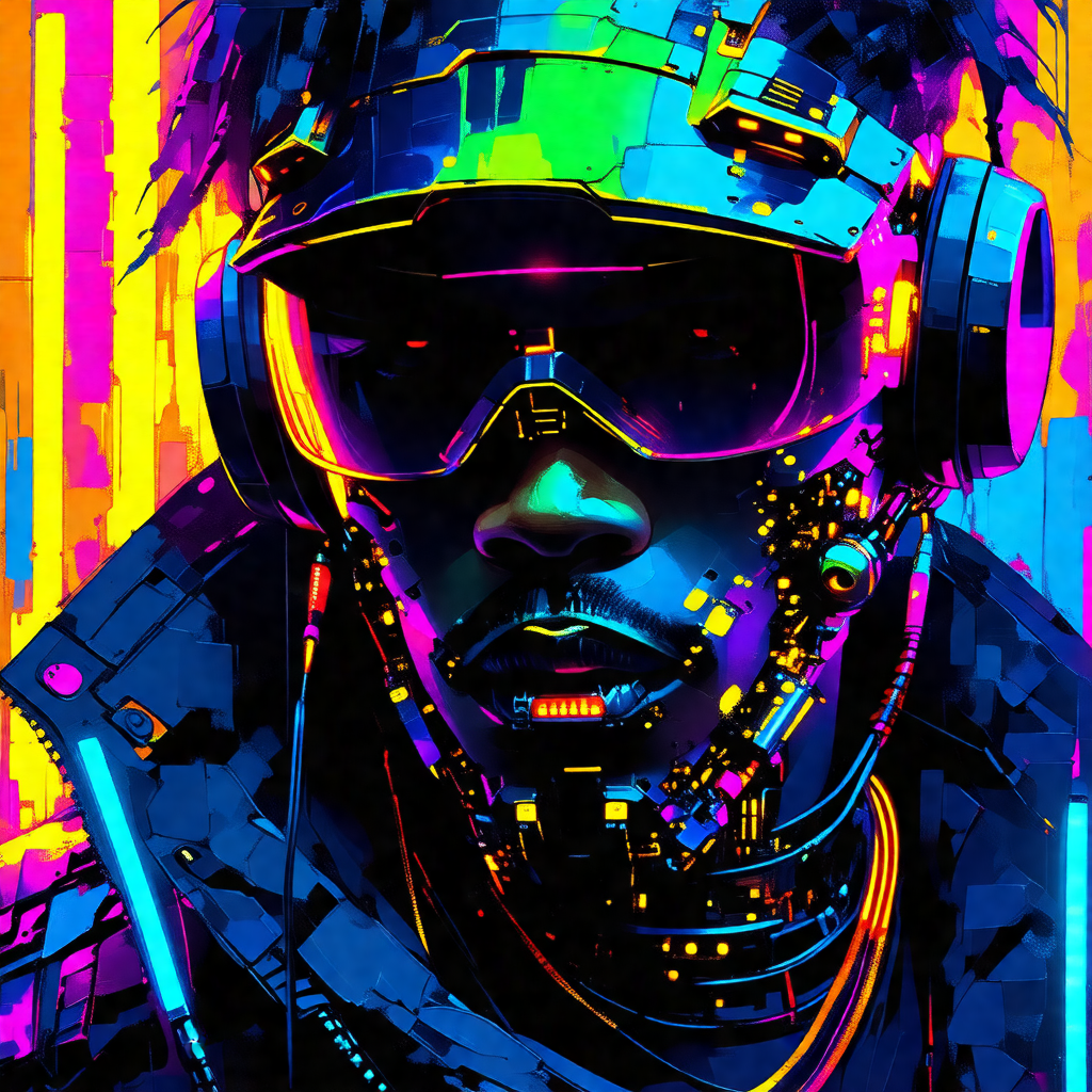 Colorful and futuristic portrait of a man wearing a helme...