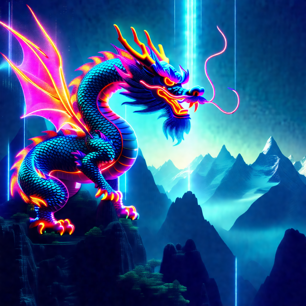 Large, colorful dragon with a long, curved tongue