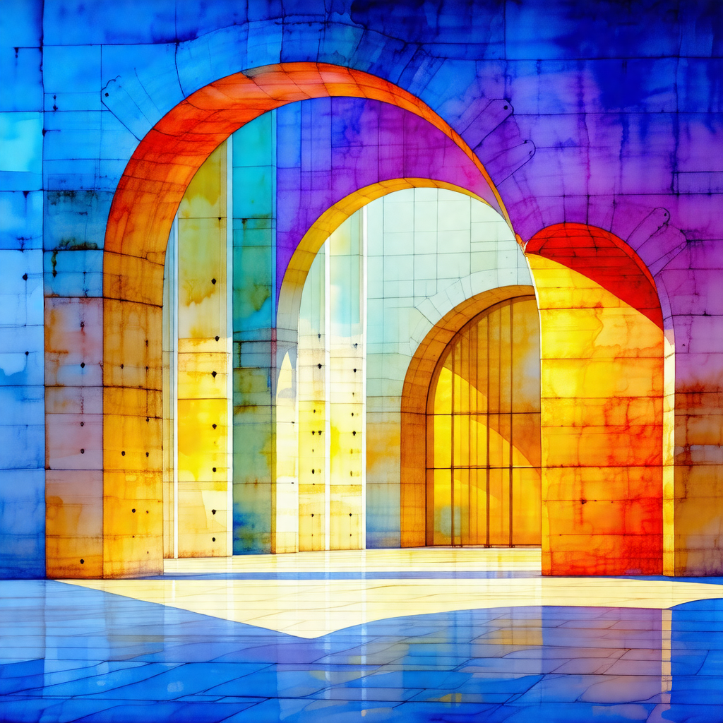 Painting of a large, colorful archway