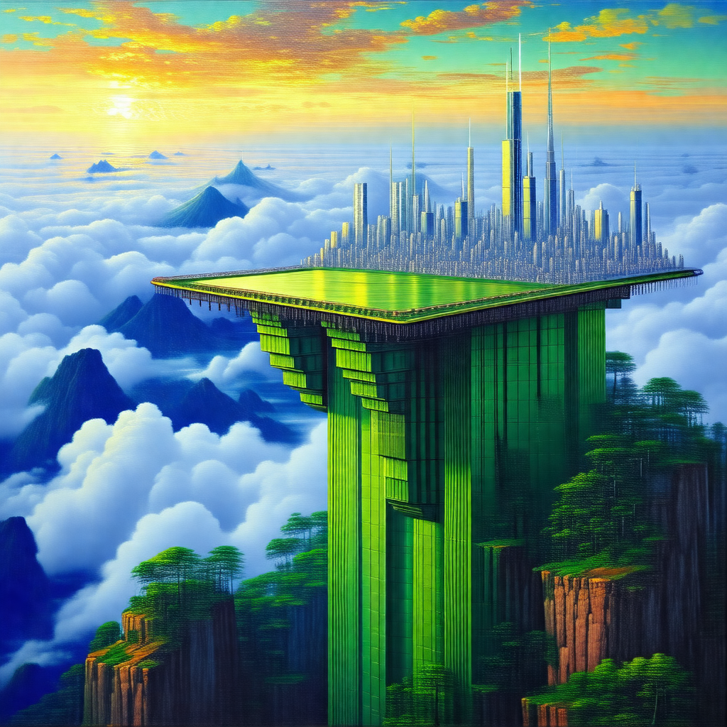 Painting of a futuristic city with a large, green, toweri...
