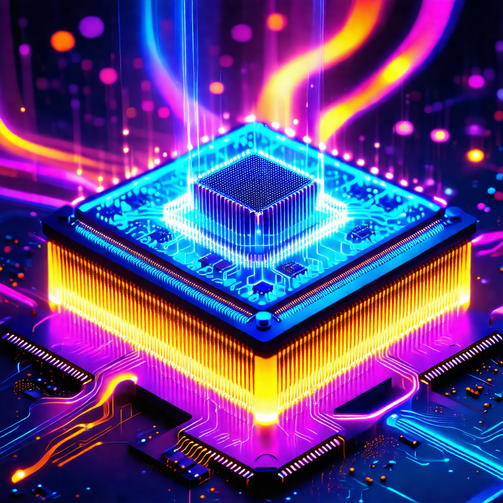 Futuristic computer circuit board with a blue and yellow ...