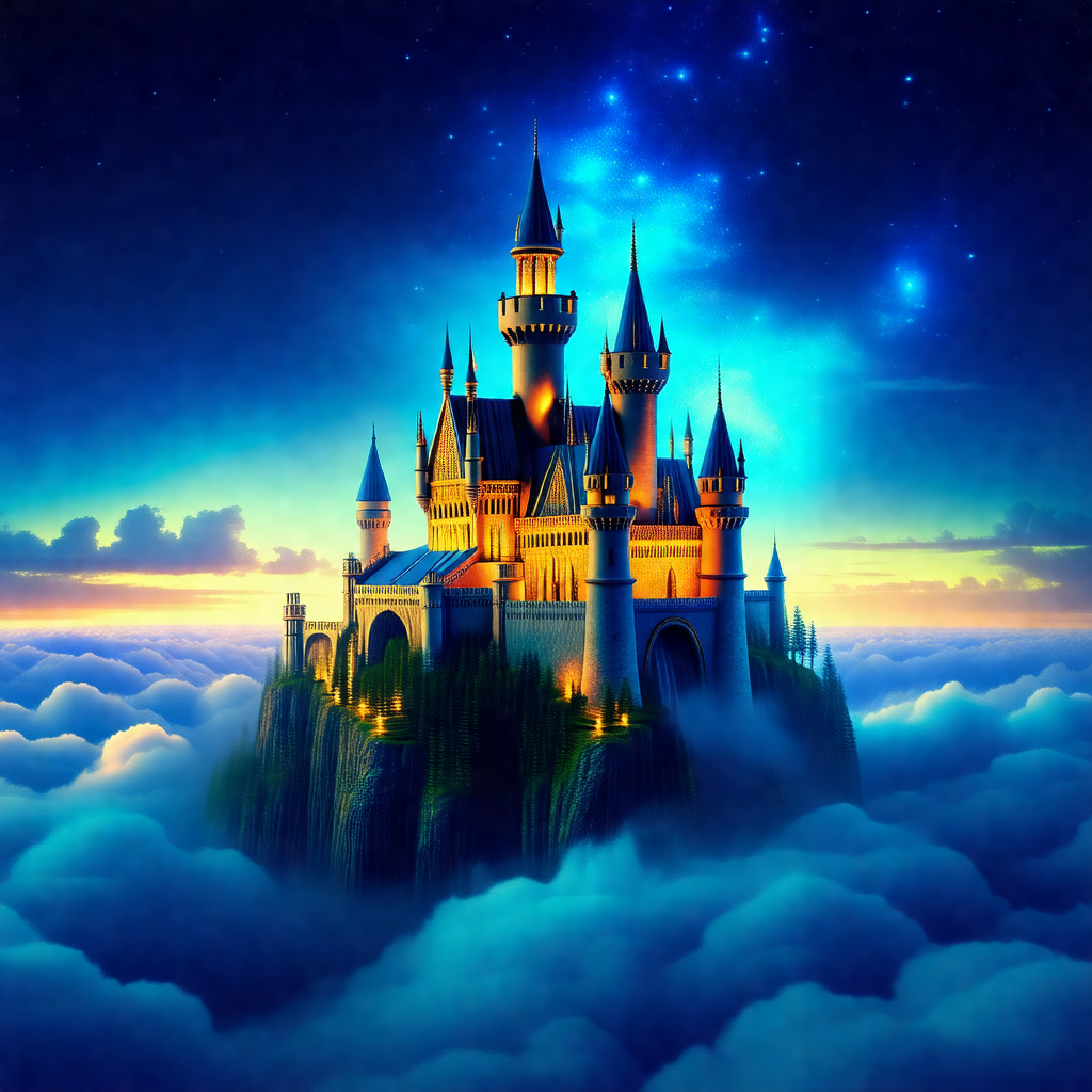 Majestic castle with a tall tower, situated on top of a c...