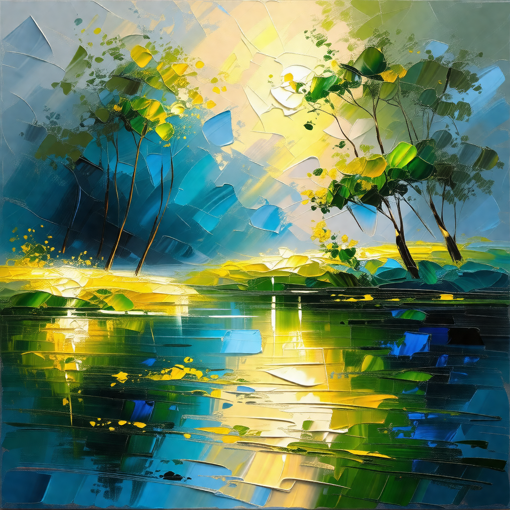 Serene scene of a lake with a few trees surrounding it