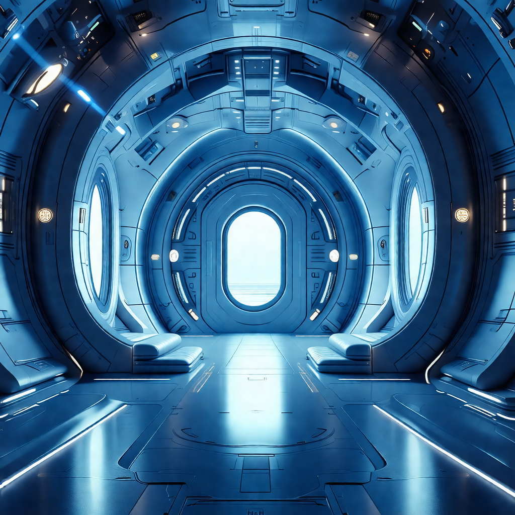 Futuristic space station with a large, open room