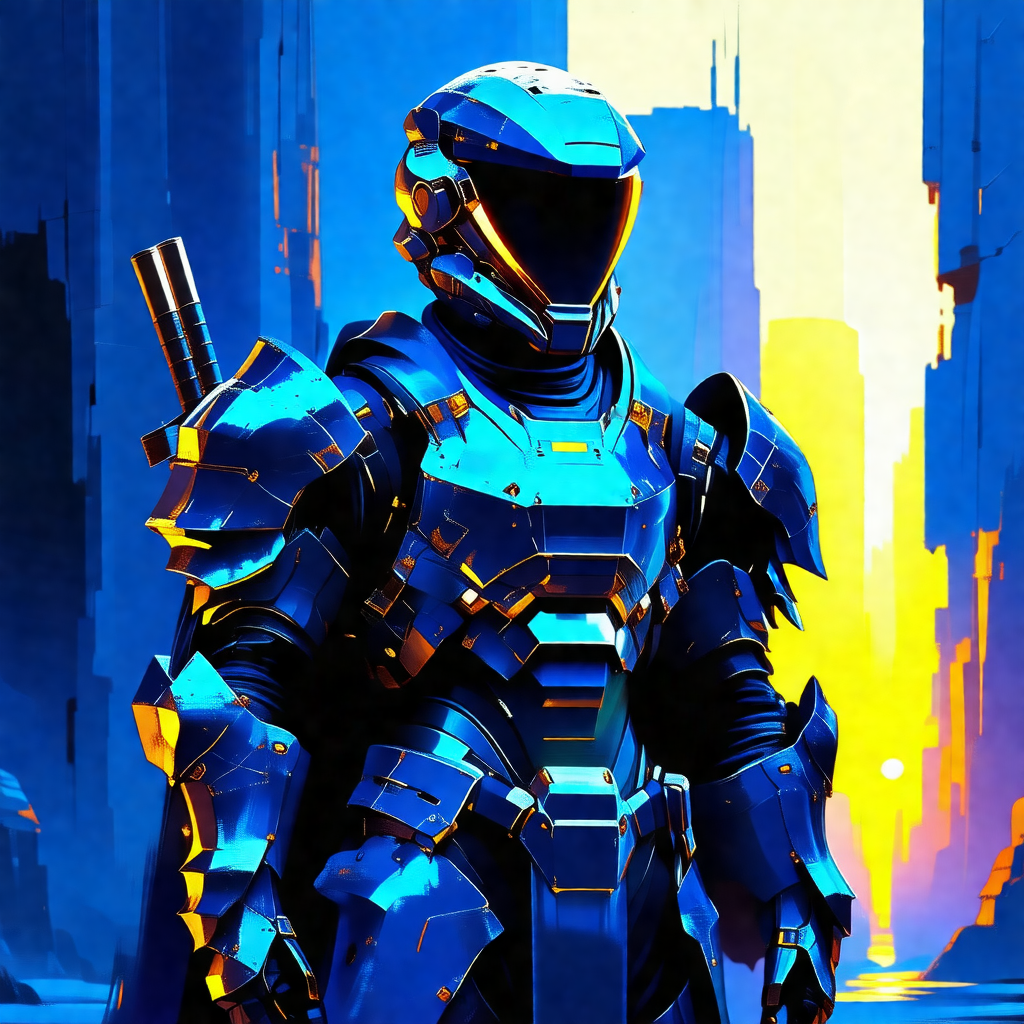 Futuristic robotic warrior standing in a city street