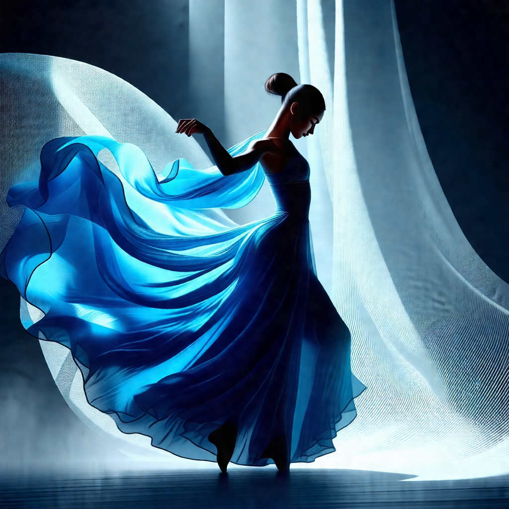Woman in a blue dress, gracefully dancing on a stage