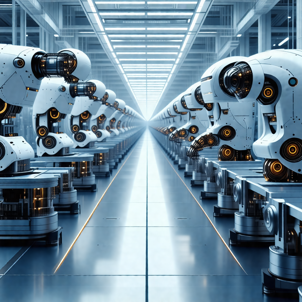 Factory with a long row of white robots lined up on a con...