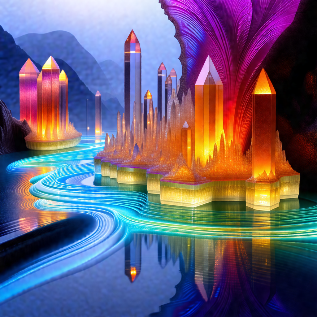 Colorful and imaginative painting of a city with a river ...
